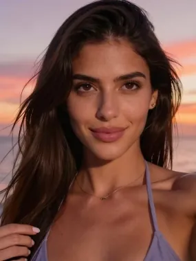 Selfie di fidanzata IA al tramonto in spiaggia