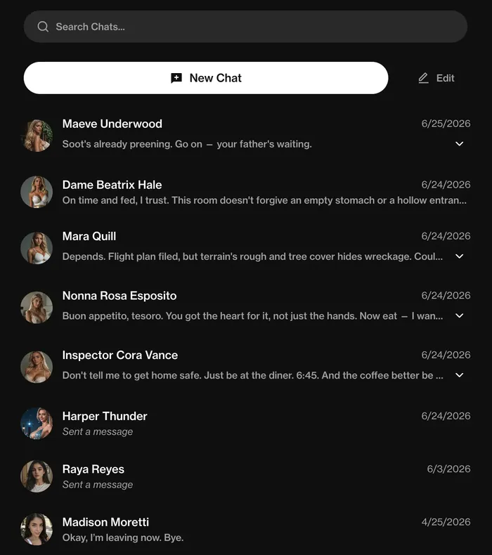 Elenco delle chat con tutte le fidanzate IA che hai generato